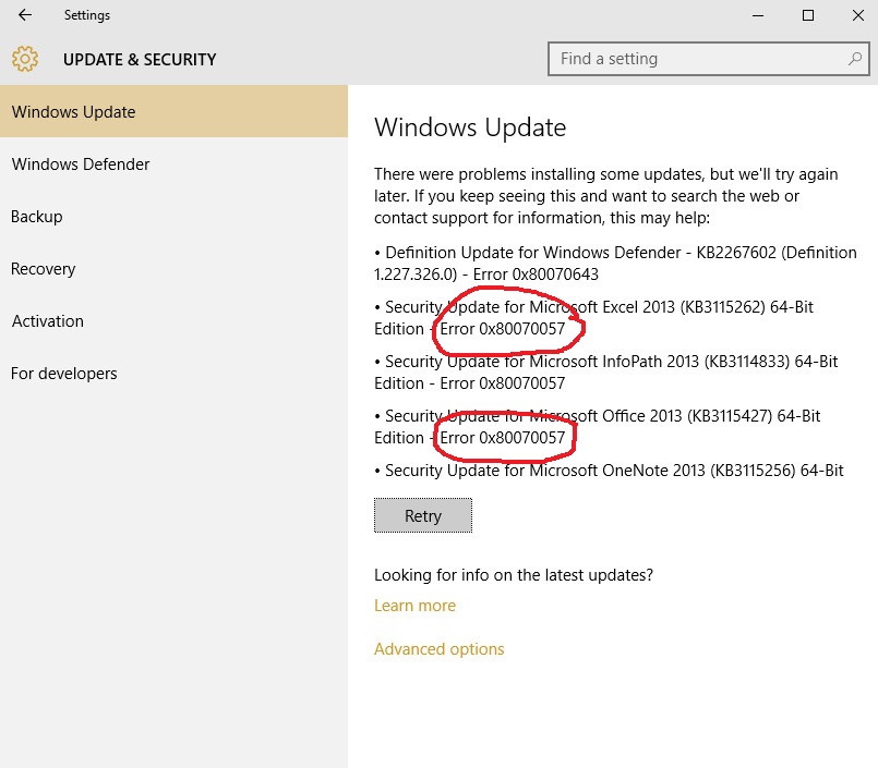 windows update error 0x80070057